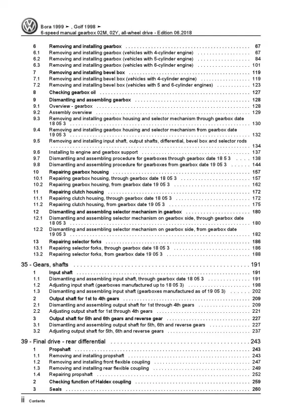 VW Bora type 1J 1998-2006 6 speed manual gearbox 02M 02Y repair manual pdf