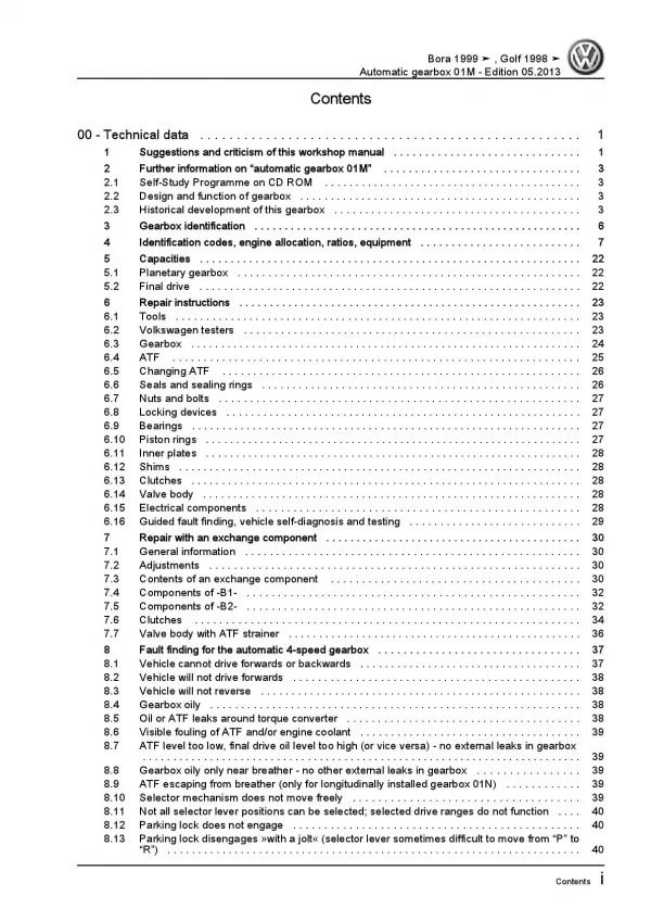 VW Bora type 1J 1998-2006 4 speed automatic gearbox 01M repair manual pdf ebook