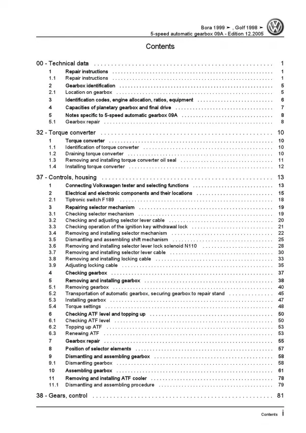 VW Bora type 1J 1998-2006 5 speed automatic gearbox 09A repair manual pdf ebook