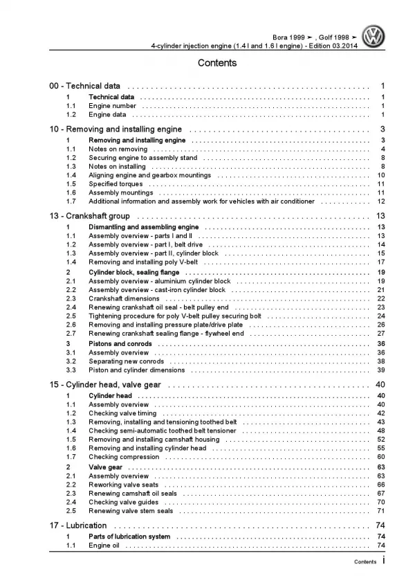 VW Bora 1J 1998-2006 4-cyl. 1.4l 1.6l petrol engines 75-105 hp repair manual pdf