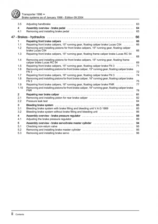 VW Transporter T4 1996-2003 brake systems repair workshop manual download eBook