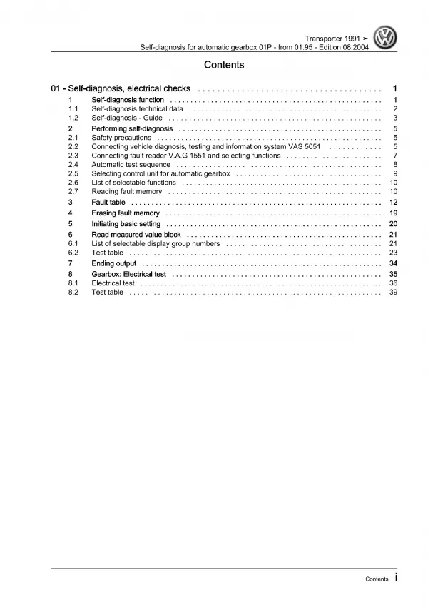 VW Bus T4 (96-03) self-diagnosis for automatic gearbox 01P repair workshop eBook