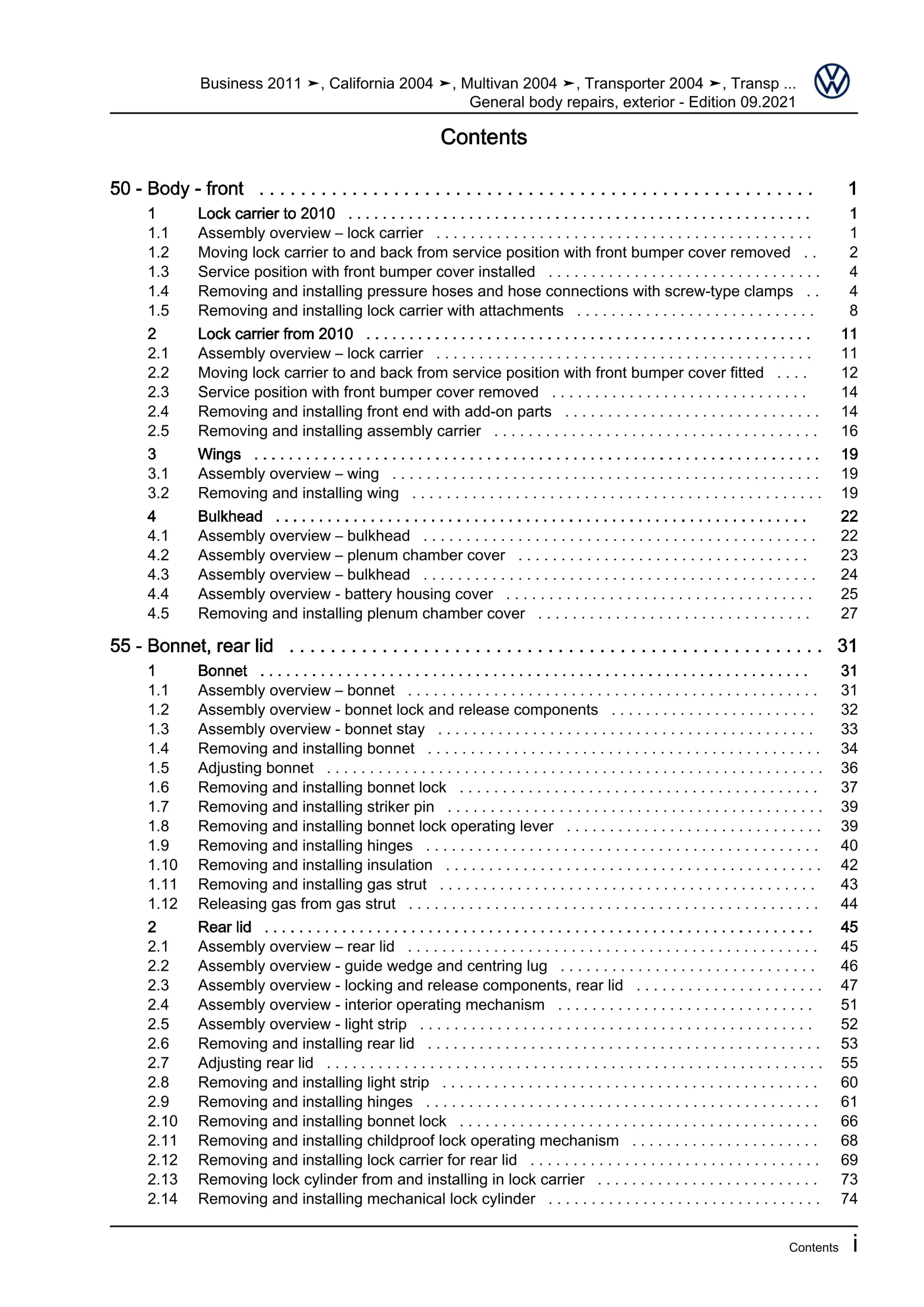 VW Bus T5 2009-2015 general body repairs exterior guide workshop manual eBook