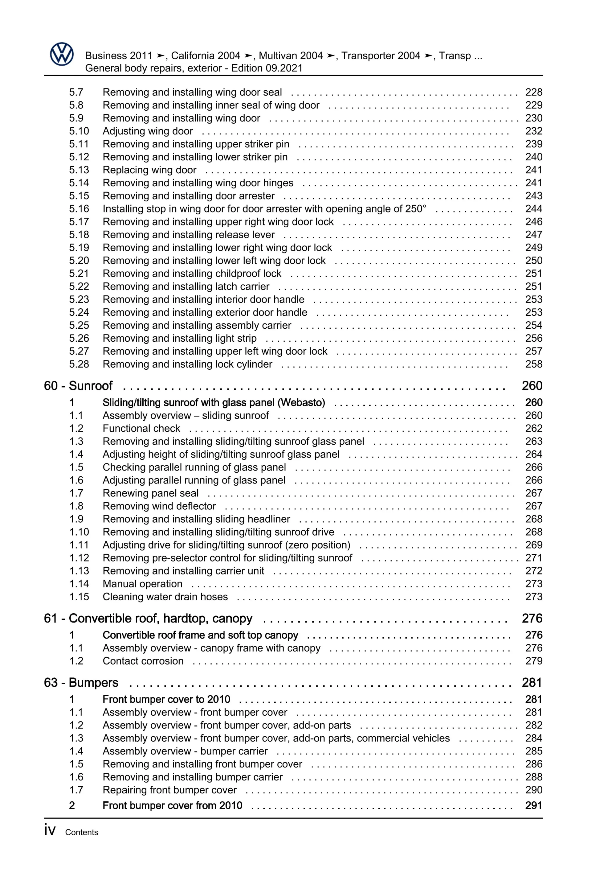 VW Bus T5 2009-2015 general body repairs exterior guide workshop manual eBook