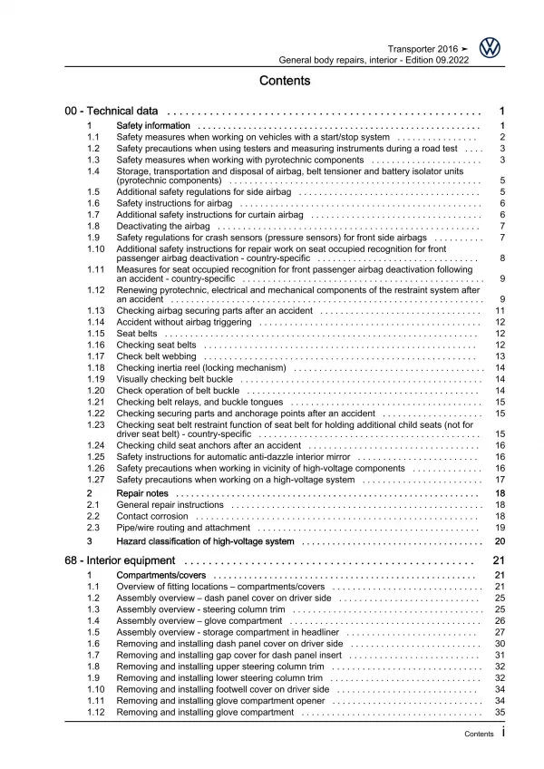 VW Bus T6 2015-2019 general body repairs interior guide workshop manual eBook