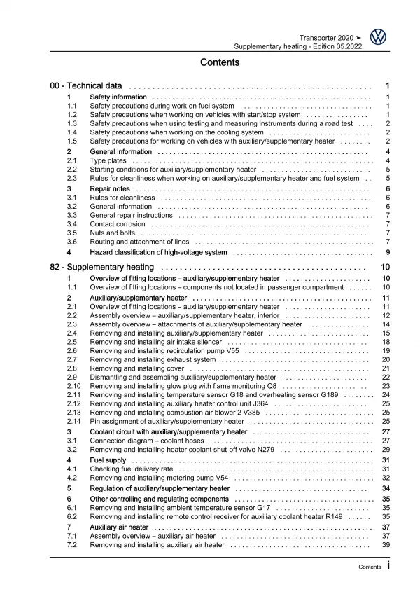 VW Transporter T6.1 2019-2021 auxiliary heater repair workshop manual pdf eBook