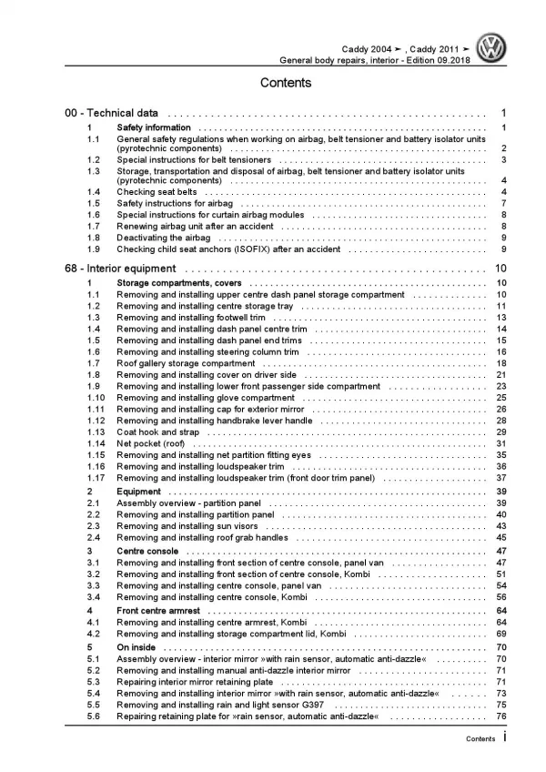 VW Caddy 2C 2010-2015 general body repairs interior repair workshop manual pdf