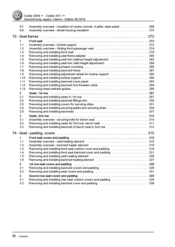 VW Caddy 2C 2010-2015 general body repairs interior repair workshop manual pdf