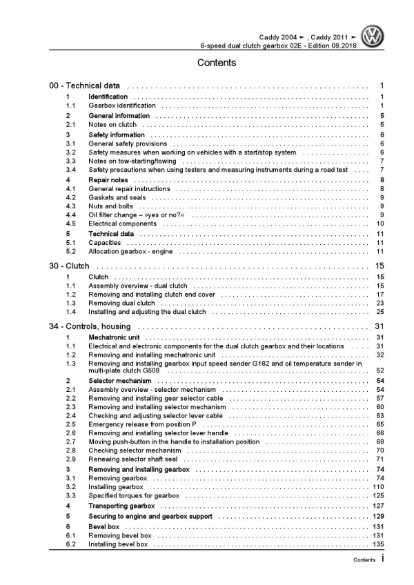 VW Caddy 2C 2010-2015 6 speed dual clutch gearbox 02E repair workshop manual pdf