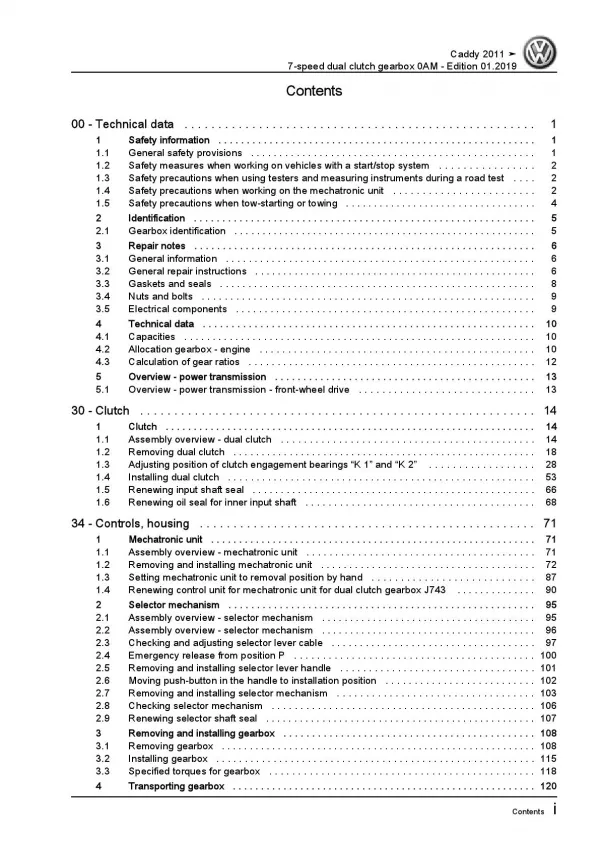 VW Caddy 2C 2010-2015 7 speed dual clutch gearbox 0AM repair workshop manual pdf