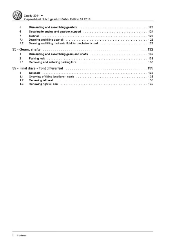 VW Caddy 2C 2010-2015 7 speed dual clutch gearbox 0AM repair workshop manual pdf