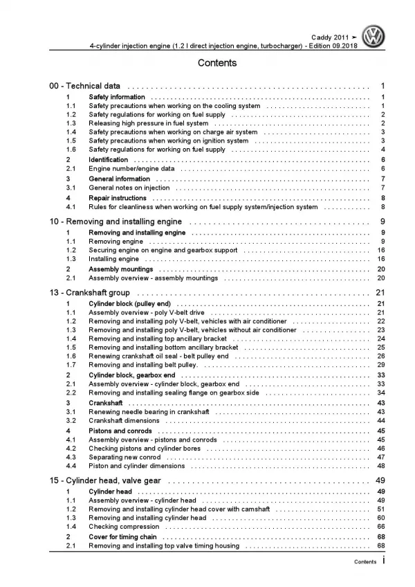 VW Caddy 2C 2010-2015 4-cyl. 1.2l petrol engines 86-105 hp repair manual pdf