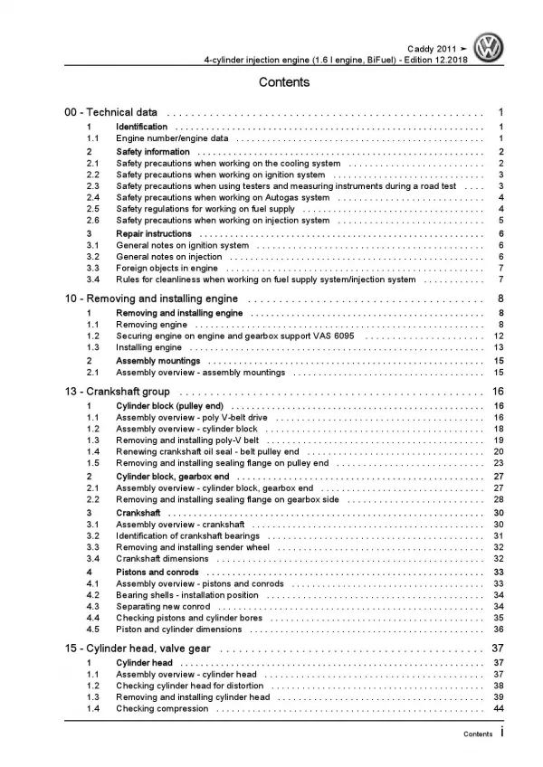 VW Caddy 2C 2010-2015 4-cyl. 1.6l petrol engines 102 hp repair manual pdf ebook