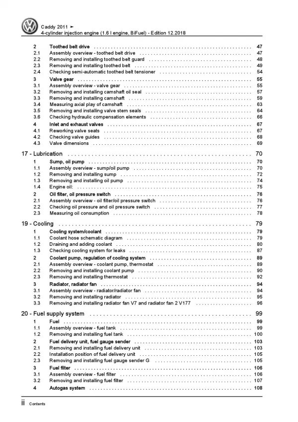 VW Caddy 2C 2010-2015 4-cyl. 1.6l petrol engines 102 hp repair manual pdf ebook