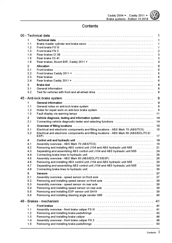 VW Caddy type 2K 2003-2010 brake systems repair workshop manual pdf ebook