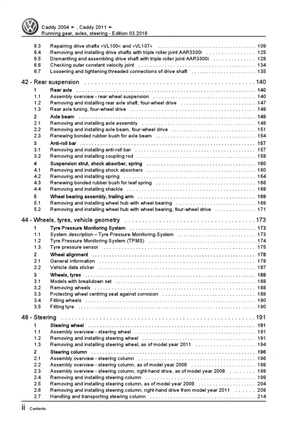 VW Caddy 2K 2003-2010 running gear axles steering repair workshop manual pdf