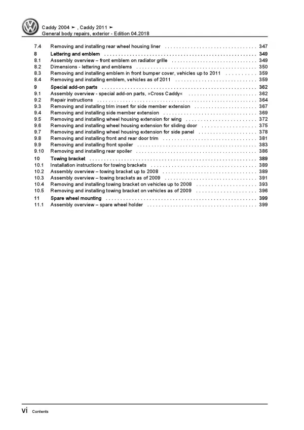 VW Caddy 2K 2003-2010 general body repairs exterior repair workshop manual pdf