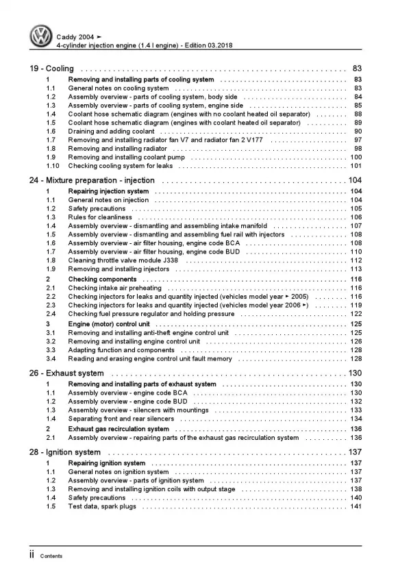 VW Caddy type 2K 2003-2010 4-cyl. 1.4l petrol engines 75-80 hp repair manual pdf