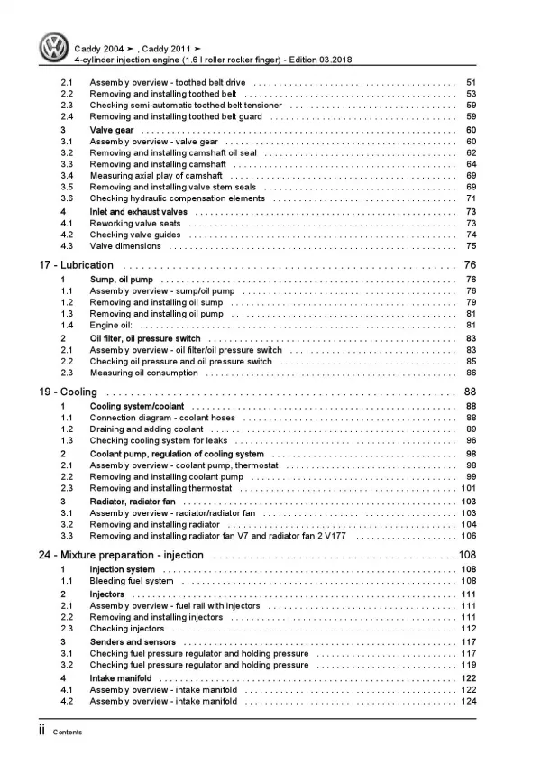 VW Caddy type 2K 2003-2010 4-cyl. 1.6l petrol engines 102 hp repair manual pdf