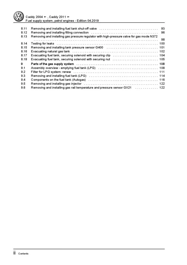 VW Caddy type 2K 2003-2010 fuel supply system petrol engines repair manual pdf