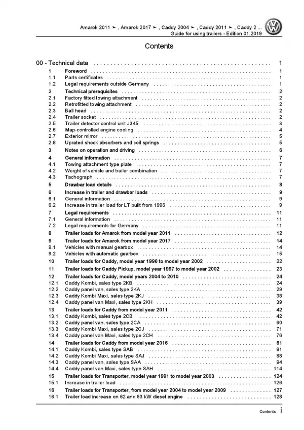 VW Caddy Pickup type 9U 1997-2002 guide for using trailers repair manual pdf