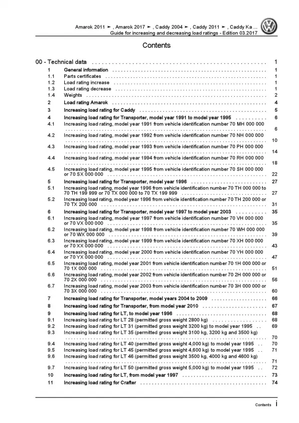 VW Caddy Pickup (97-02) guide for increasing decreasing load ratings manual pdf