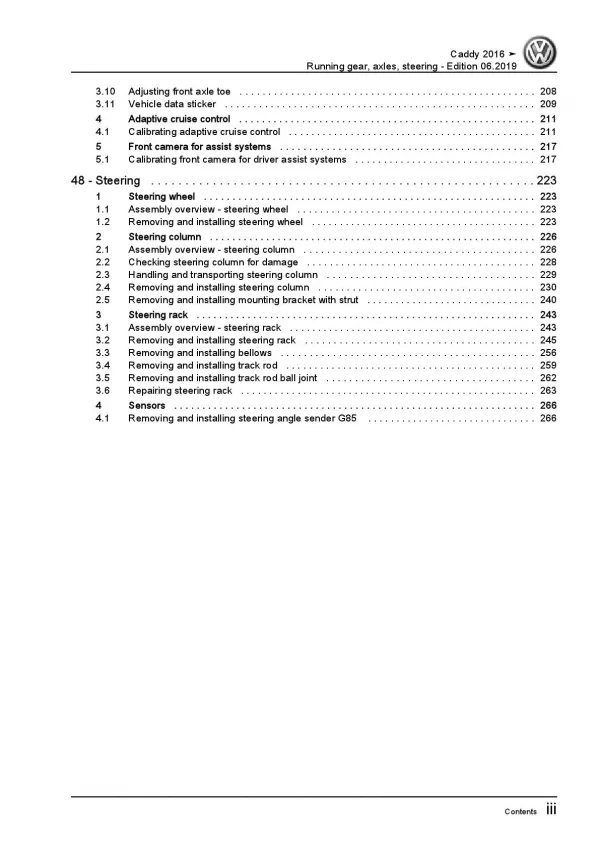 VW Caddy SA 2015-2020 running gear axles steering repair workshop manual pdf