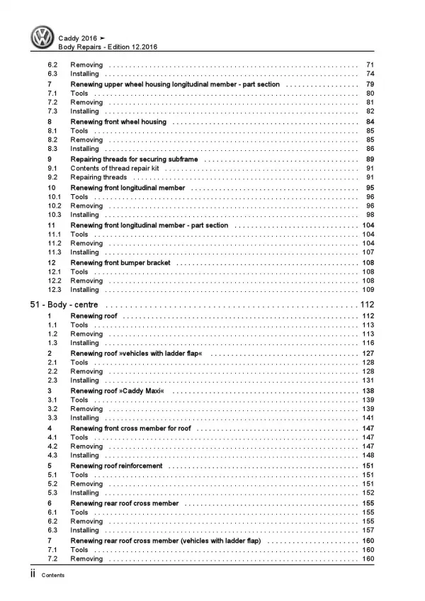 VW Caddy type SA 2015-2020 body repairs workshop repair manual pdf ebook