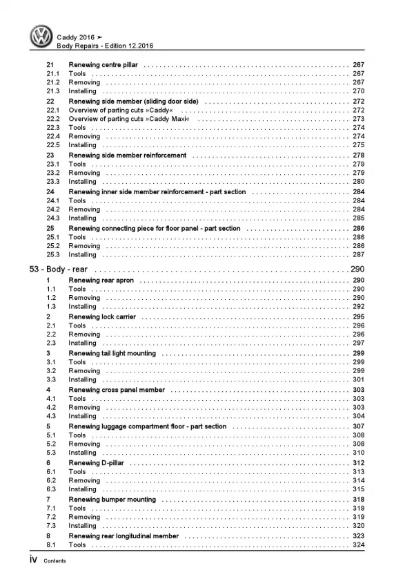 VW Caddy type SA 2015-2020 body repairs workshop repair manual pdf ebook