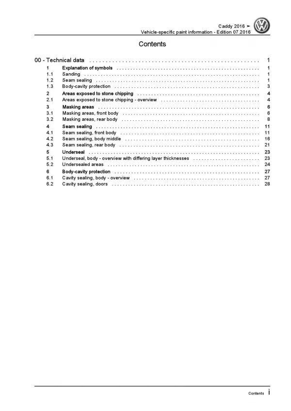 VW Caddy type SA 2015-2020 paint information repair workshop manual pdf ebook