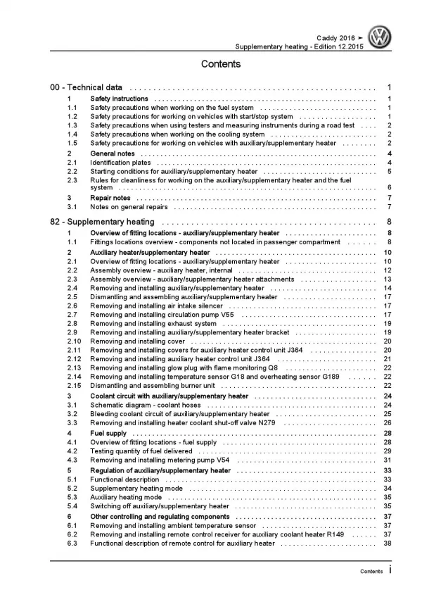 VW Caddy type SA 2015-2020 supplementary heater repair workshop manual pdf