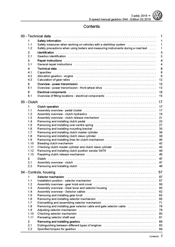 VW Caddy type SA 2015-2020 5 speed manual gearbox 0A4 repair workshop manual pdf