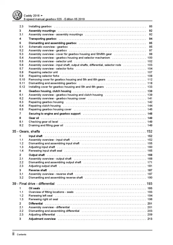 VW Caddy type SA 2015-2020 6 speed manual gearbox 02S repair workshop manual pdf