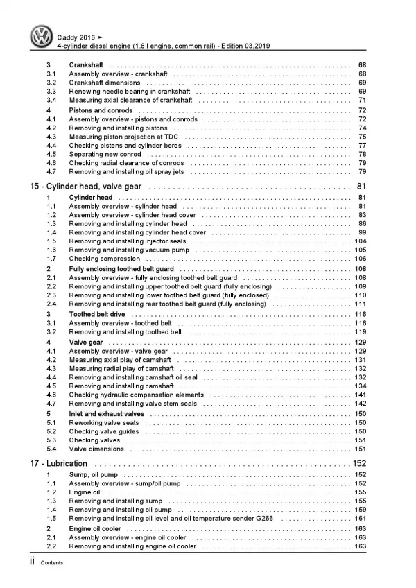 VW Caddy type SA 2015-2020 4-cyl. diesel engines 1.6l repair workshop manual pdf