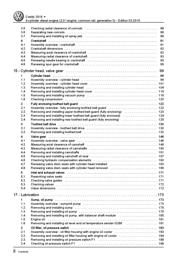 VW Caddy type SA 2015-2020 4-cyl. 2.0l diesel engines repair workshop manual pdf