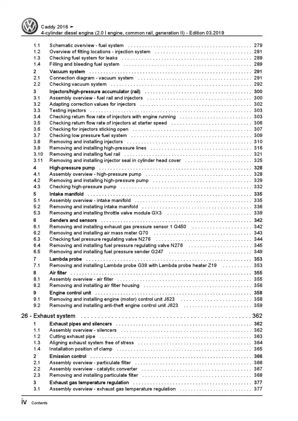 VW Caddy type SA 2015-2020 4-cyl. 2.0l diesel engines repair workshop manual pdf