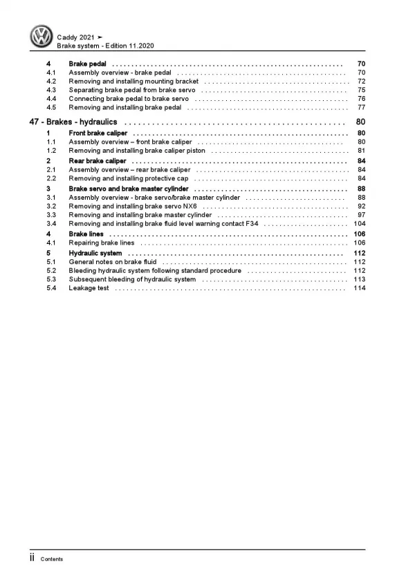 VW Caddy type SB from 2020 brake systems repair workshop manual pdf ebook