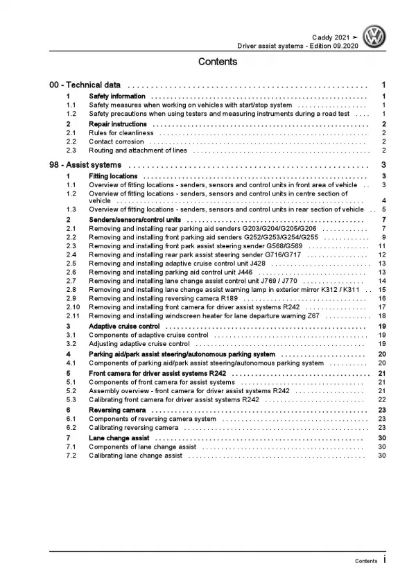 VW Caddy type SB from 2020 drivers assist system repairs workshop manual pdf