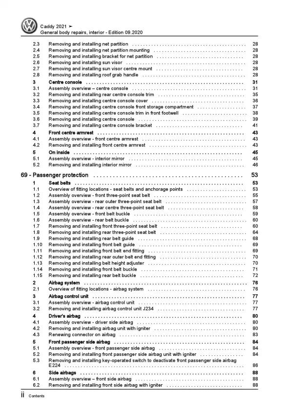 VW Caddy SB from 2020 general body repairs interior repair workshop manual pdf