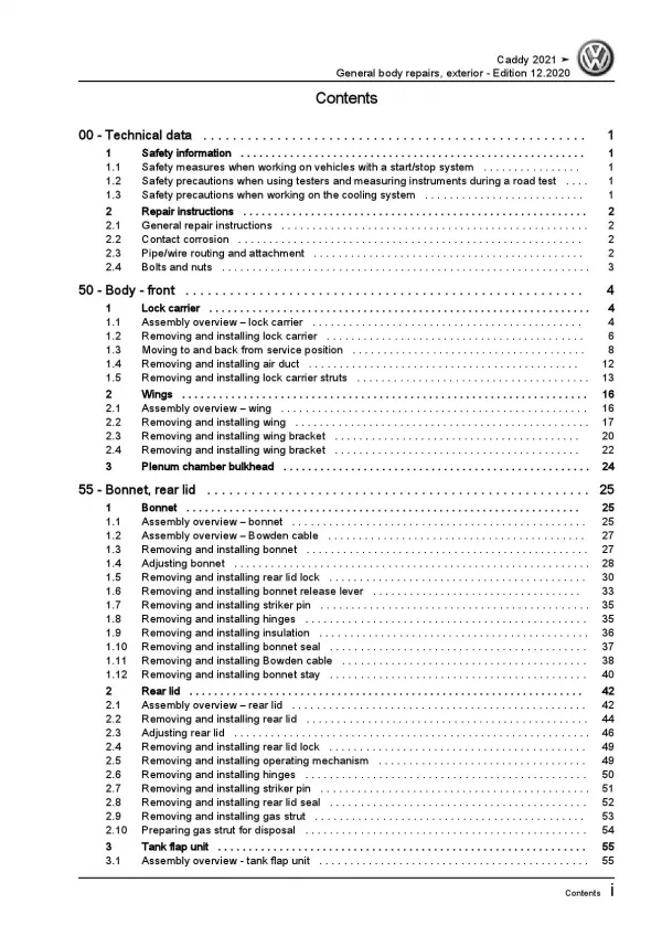 VW Caddy SB from 2020 general body repairs exterior repair workshop manual pdf