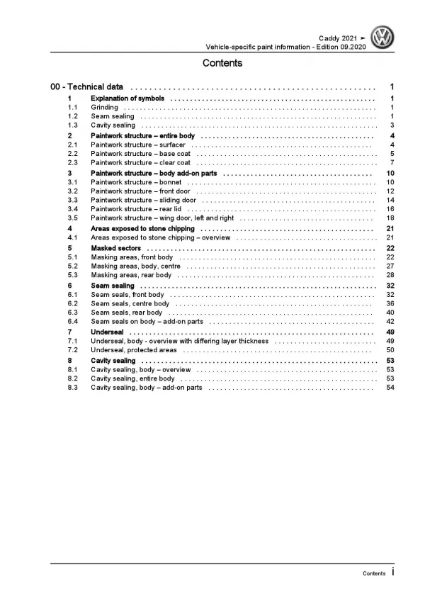VW Caddy type SB from 2020 paint information repair workshop manual pdf ebook
