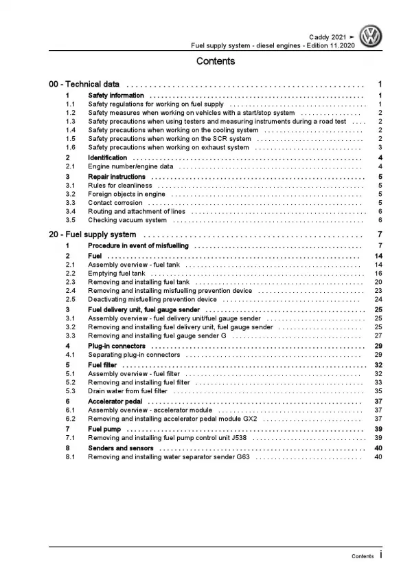 VW Caddy SB (20>) fuel supply system diesel engines repair workshop manual pdf