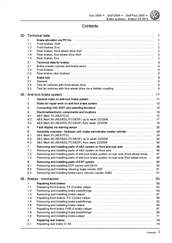 VW EOS type 1F 2006-2015 brake systems repair workshop manual pdf ebook