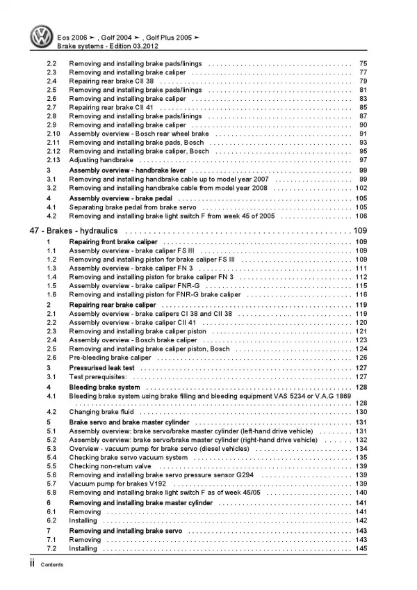 VW EOS type 1F 2006-2015 brake systems repair workshop manual pdf ebook