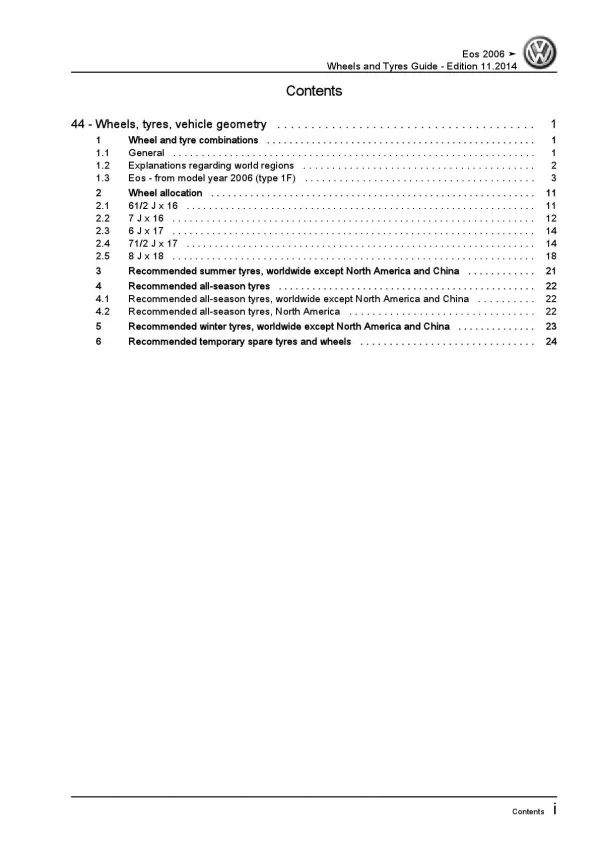 VW EOS type 1F 2006-2015 wheels and tyres repair workshop manual pdf ebook