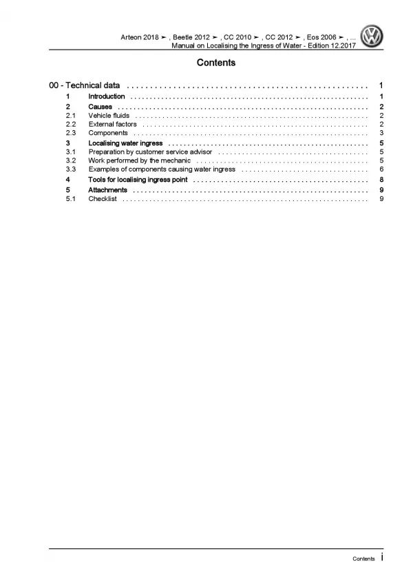 VW EOS type 1F 2006-2015 localising the ingress of water repair workshop manual 