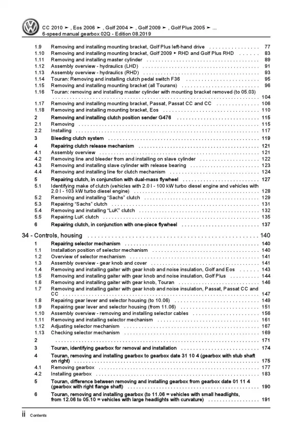 VW EOS type 1F 2006-2015 6 speed manual gearbox 02Q repair workshop manual pdf