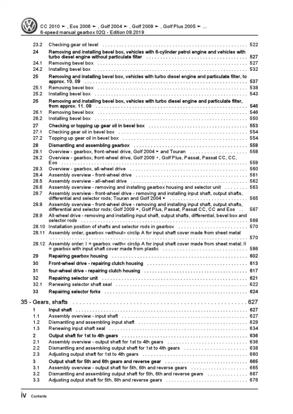 VW EOS type 1F 2006-2015 6 speed manual gearbox 02Q repair workshop manual pdf