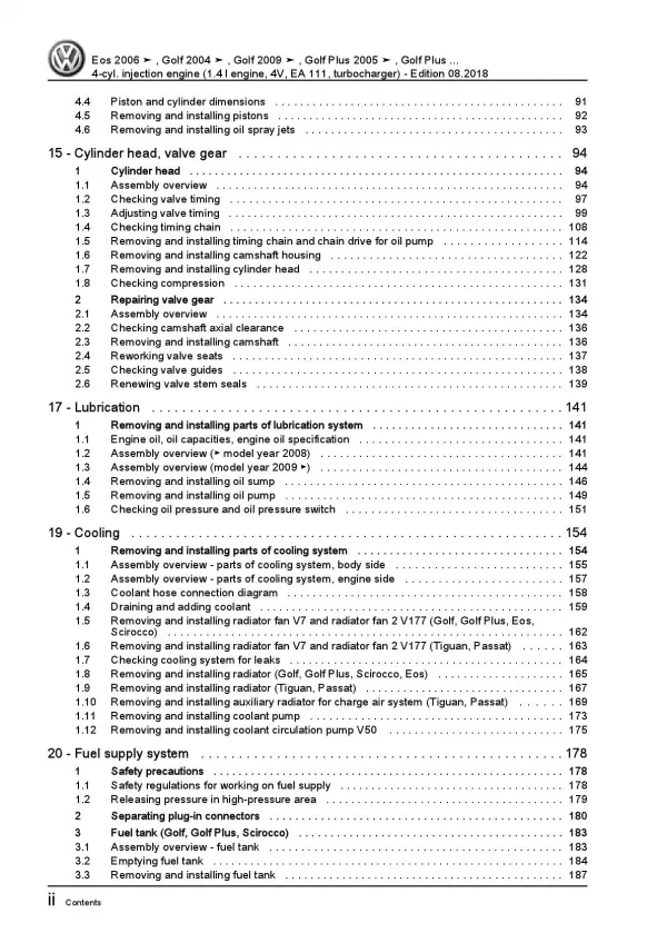 VW EOS type 1F 2006-2015 4-cyl. 1.4l petrol engines 122 hp repair manual pdf