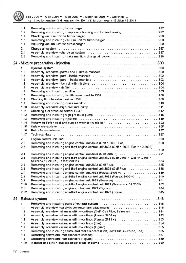 VW EOS type 1F 2006-2015 4-cyl. 1.4l petrol engines 122 hp repair manual pdf